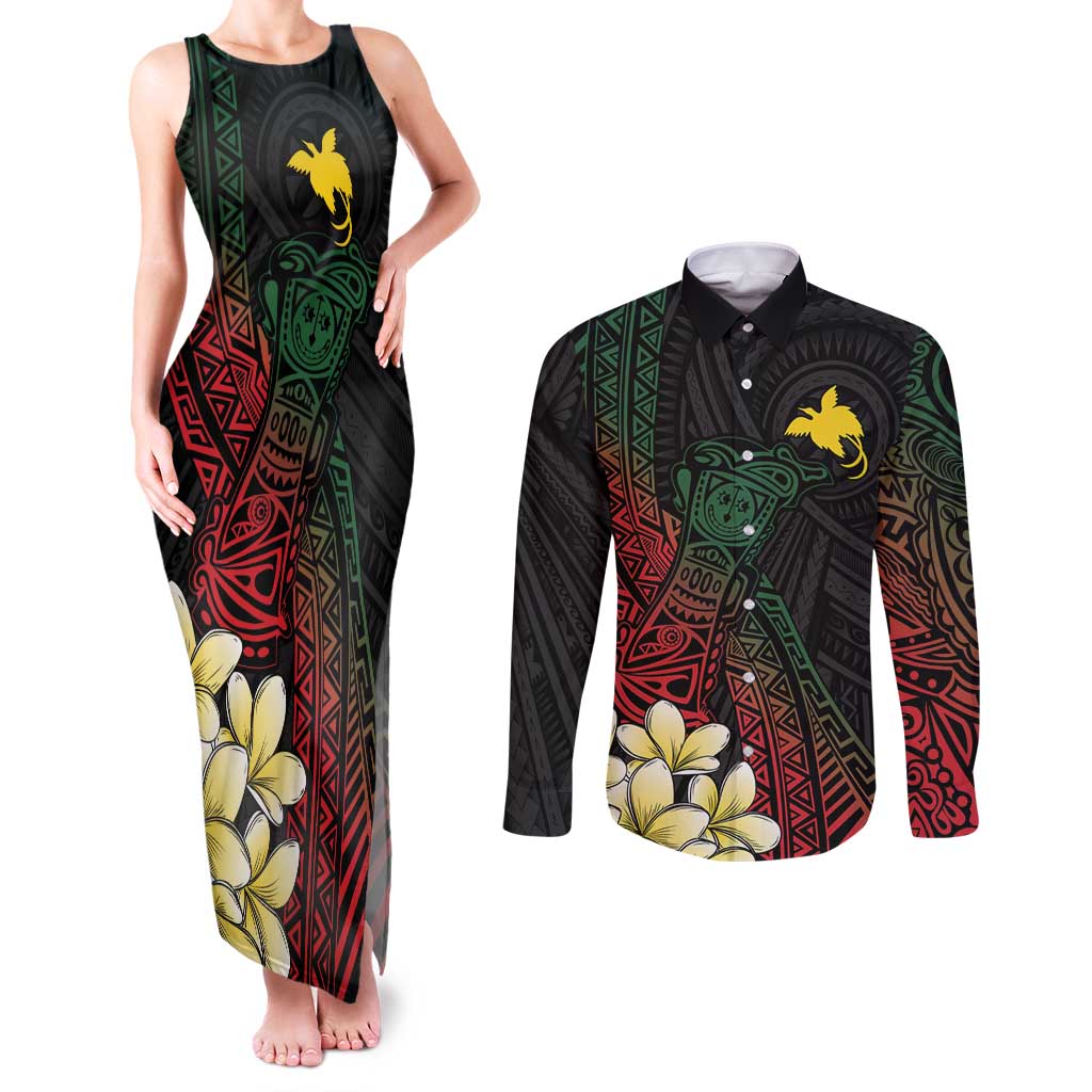 Personalized Papua New Guinea Couples Matching Tank Maxi Dress and Long Sleeve Button Shirt Kundu Drum Motifs - Sepik Colors LT7 Black - Polynesian Pride