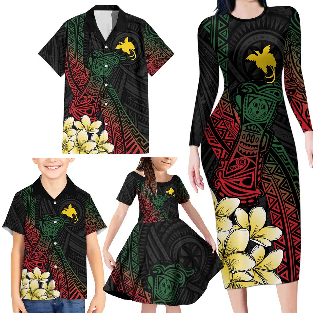 Personalized Papua New Guinea Family Matching Long Sleeve Bodycon Dress and Hawaiian Shirt Kundu Drum Motifs - Sepik Colors