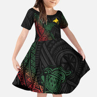 Personalized Papua New Guinea Family Matching Off The Shoulder Long Sleeve Dress and Hawaiian Shirt Kundu Drum Motifs - Sepik Colors