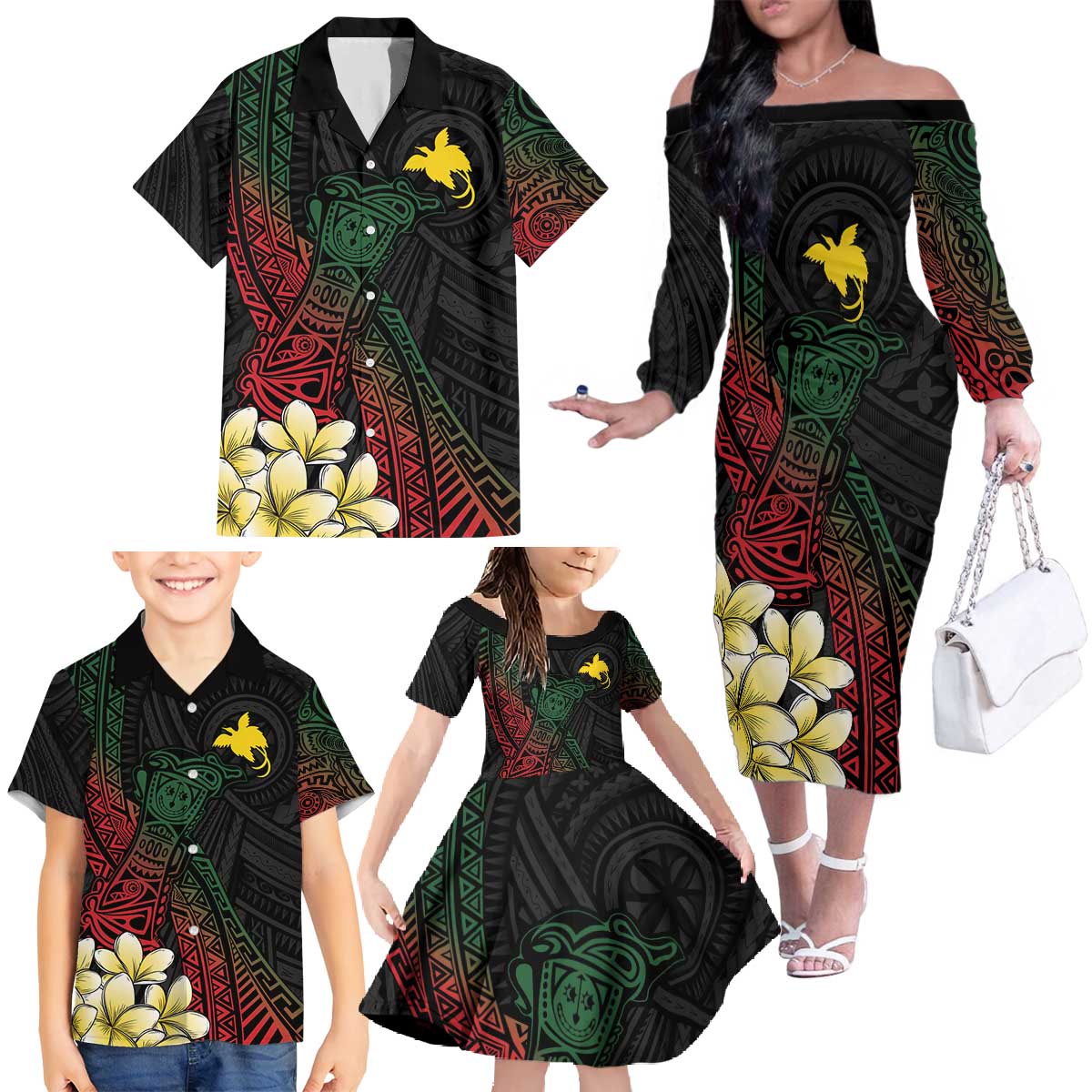 Personalized Papua New Guinea Family Matching Off The Shoulder Long Sleeve Dress and Hawaiian Shirt Kundu Drum Motifs - Sepik Colors