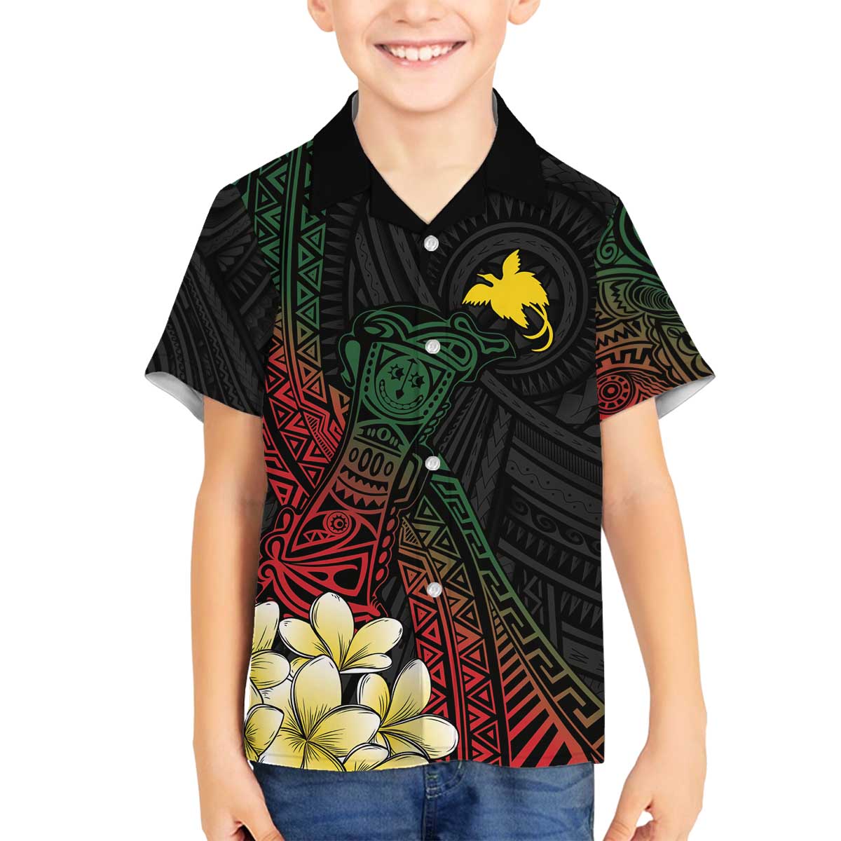 Personalized Papua New Guinea Family Matching Off The Shoulder Long Sleeve Dress and Hawaiian Shirt Kundu Drum Motifs - Sepik Colors