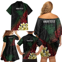 Personalized Papua New Guinea Family Matching Off Shoulder Short Dress and Hawaiian Shirt Kundu Drum Motifs - Sepik Colors