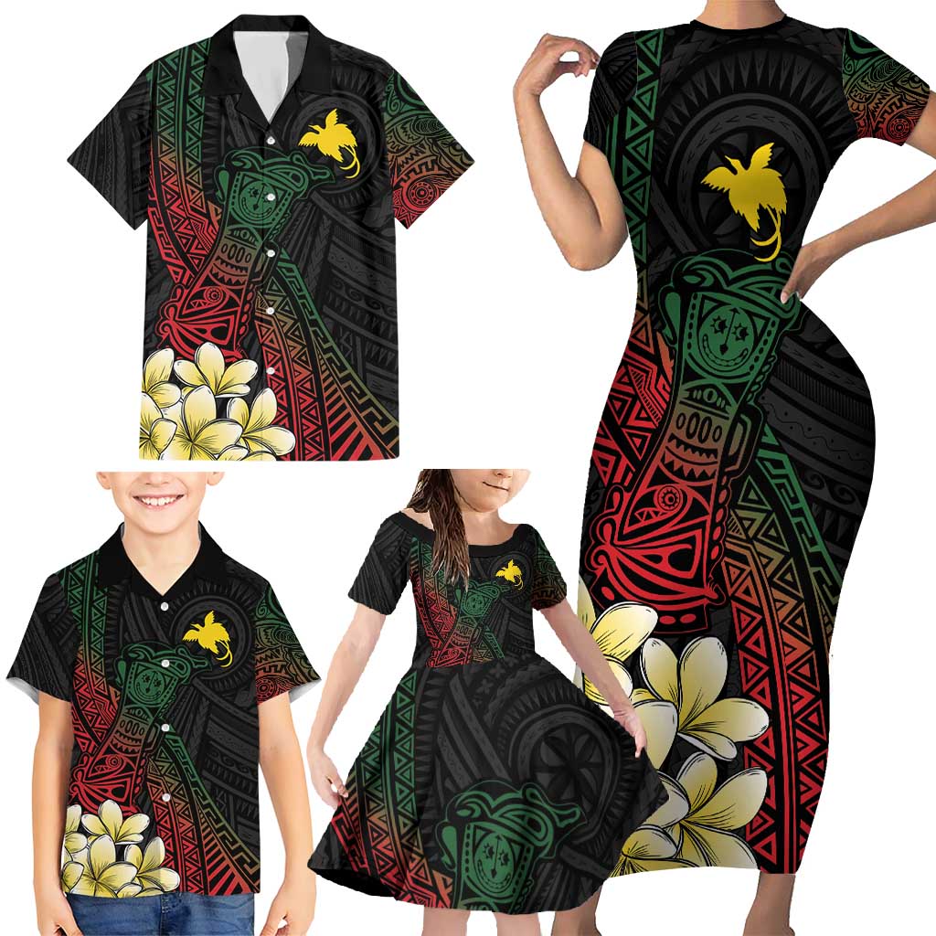 Personalized Papua New Guinea Family Matching Short Sleeve Bodycon Dress and Hawaiian Shirt Kundu Drum Motifs - Sepik Colors