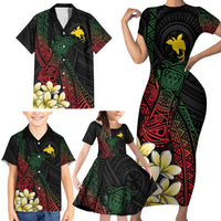 Personalized Papua New Guinea Family Matching Short Sleeve Bodycon Dress and Hawaiian Shirt Kundu Drum Motifs - Sepik Colors