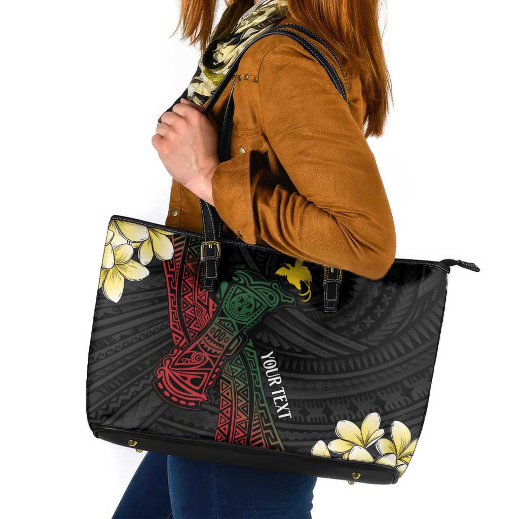 Personalized Papua New Guinea Leather Tote Bag Kundu Drum Motifs - Sepik Colors LT7 Black - Polynesian Pride