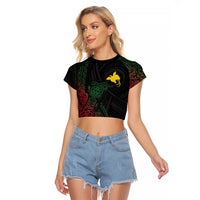Personalized Papua New Guinea Raglan Cropped T Shirt Kundu Drum Motifs - Sepik Colors LT7 Female Black - Polynesian Pride