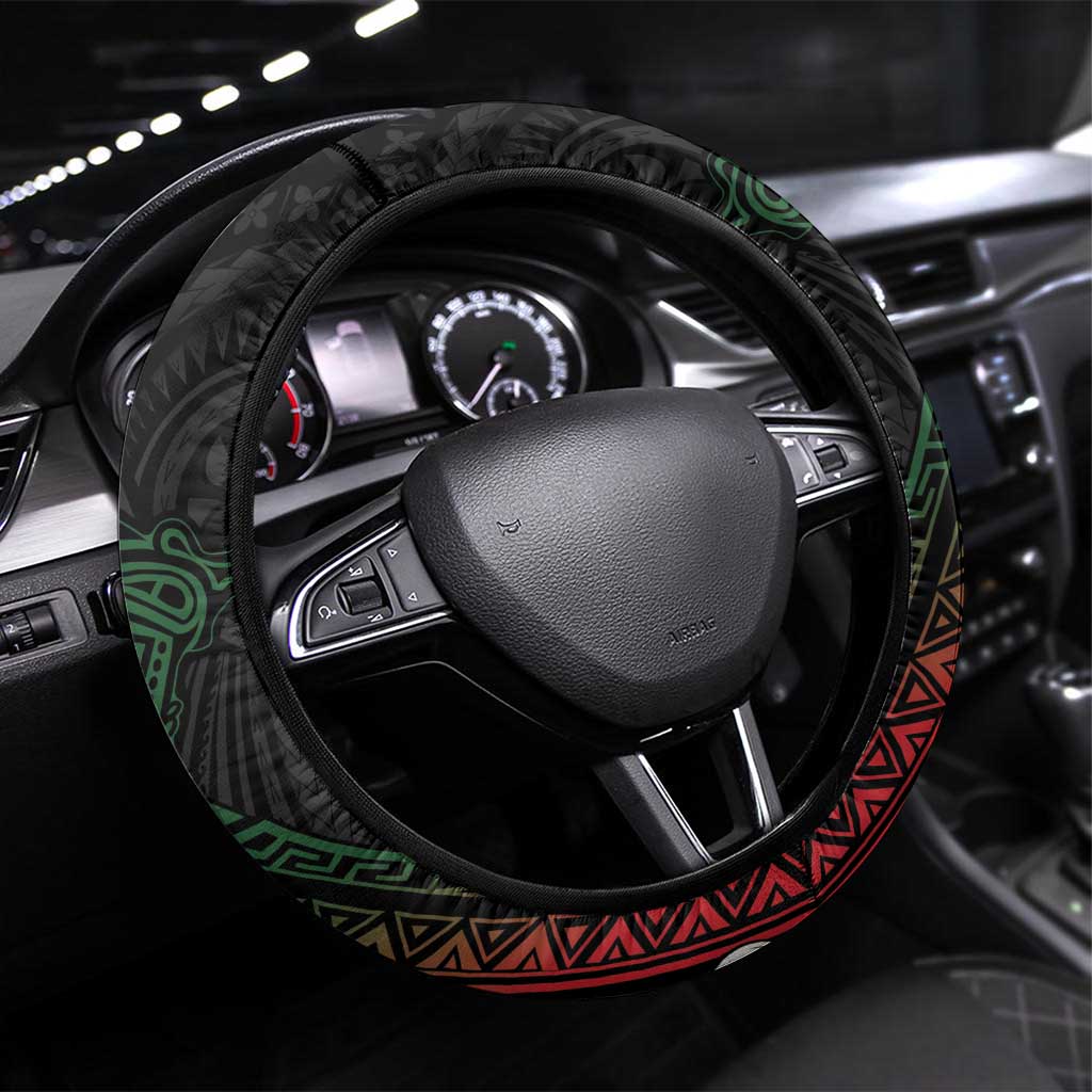 Papua New Guinea Steering Wheel Cover Kundu Drum Motifs - Sepik Colors LT7 Universal Fit Black - Polynesian Pride