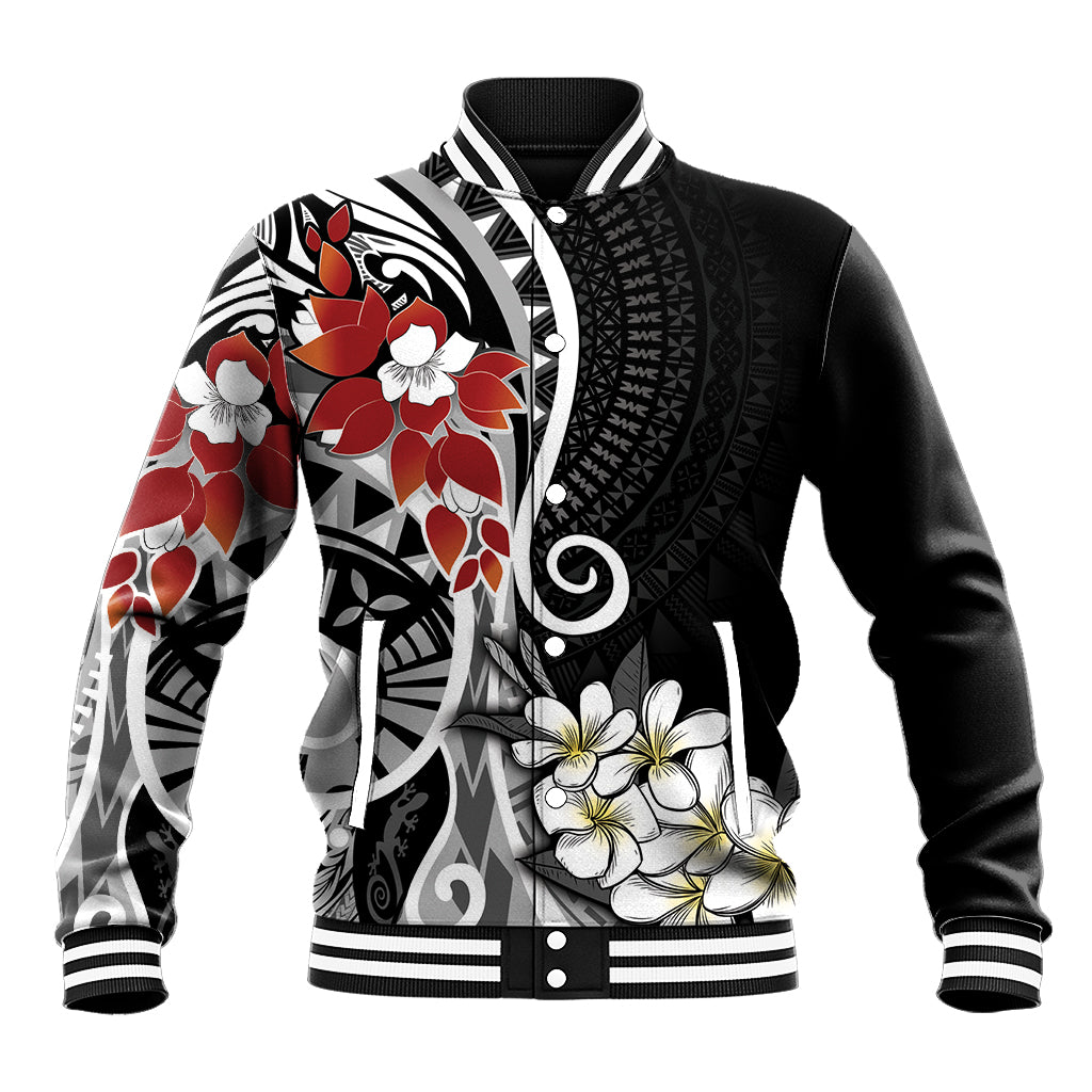 Bula Fiji Tagimaucia Mix Plumeria Masi Tapa Baseball Jacket Black LT7 Unisex Black - Polynesian Pride