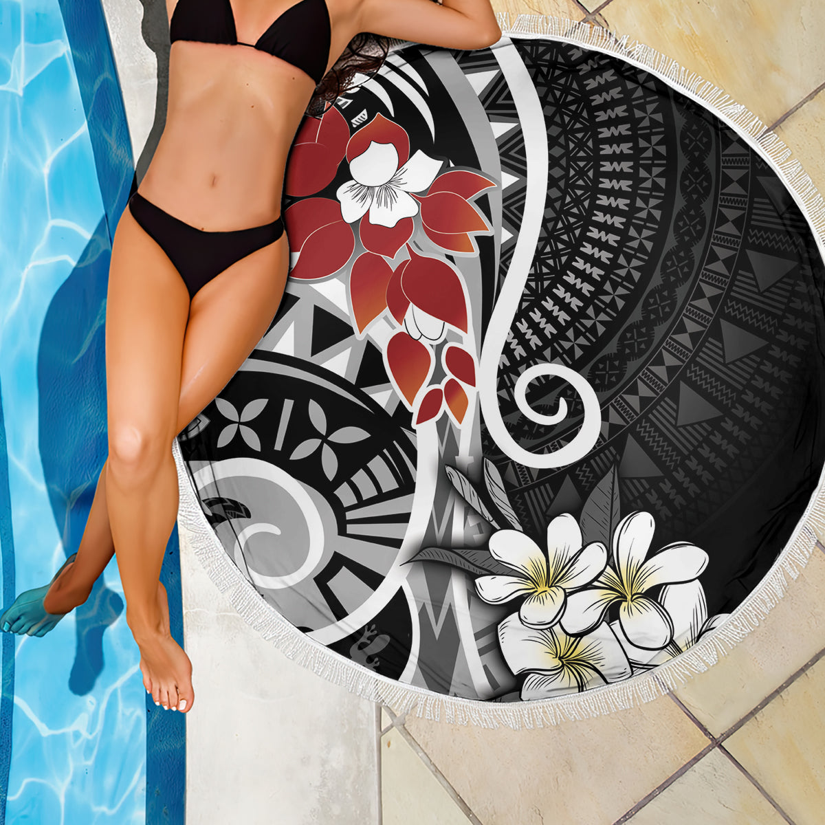 Bula Fiji Tagimaucia Mix Plumeria Masi Tapa Beach Blanket Black