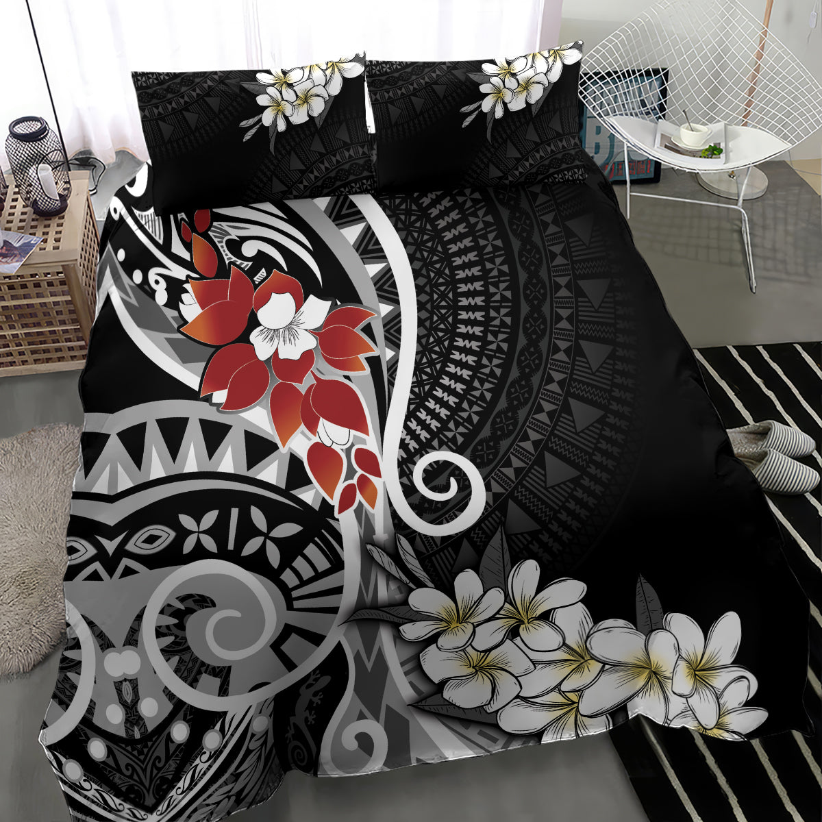 Bula Fiji Tagimaucia Mix Plumeria Masi Tapa Bedding Set Black