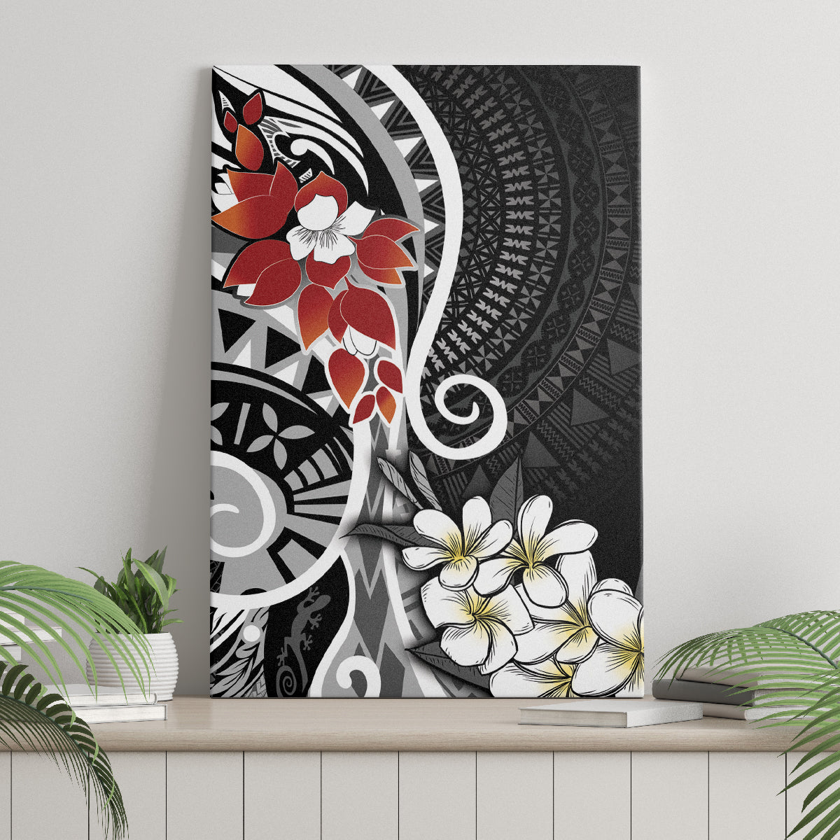 Bula Fiji Tagimaucia Mix Plumeria Masi Tapa Canvas Wall Art Black