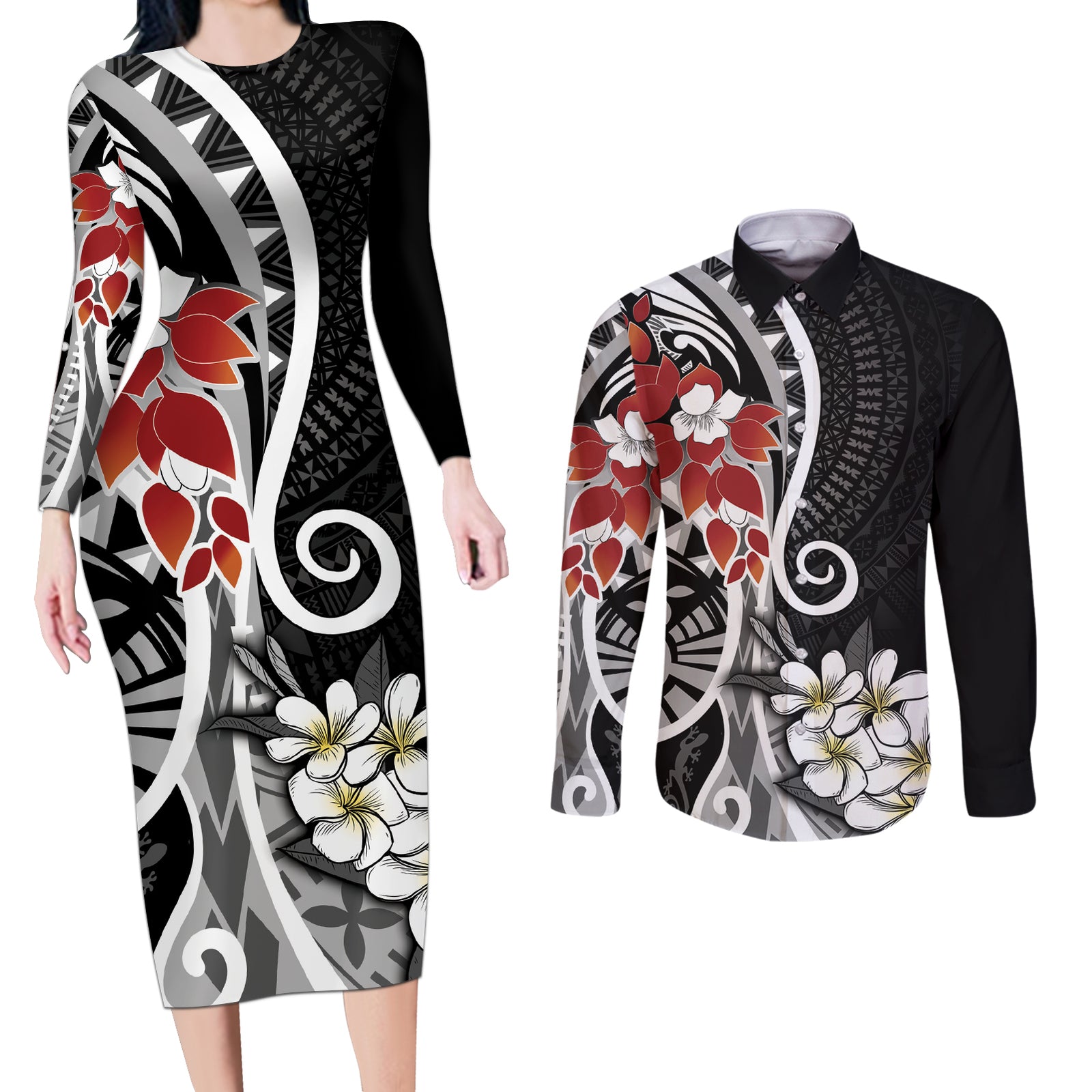 Bula Fiji Tagimaucia Mix Plumeria Masi Tapa Couples Matching Long Sleeve Bodycon Dress and Long Sleeve Button Shirt Black LT7 Black - Polynesian Pride