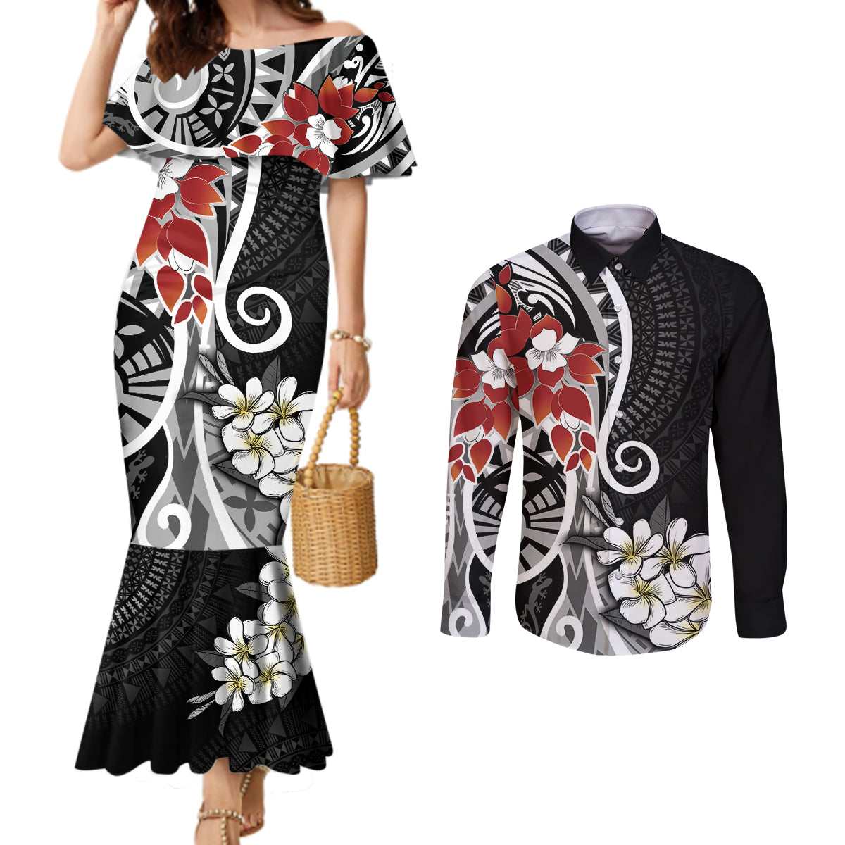 Bula Fiji Tagimaucia Mix Plumeria Masi Tapa Couples Matching Mermaid Dress and Long Sleeve Button Shirt Black LT7 Black - Polynesian Pride
