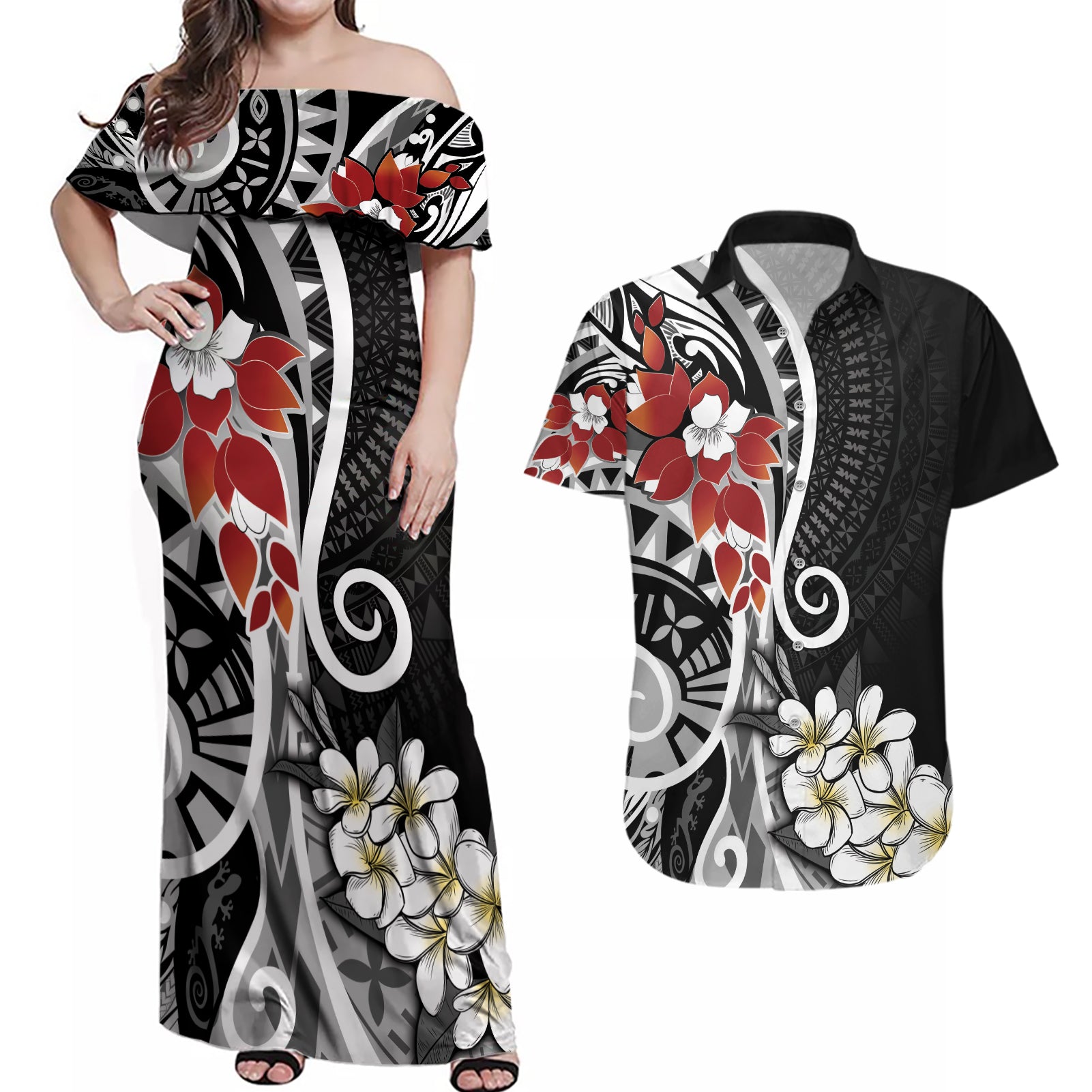 Bula Fiji Tagimaucia Mix Plumeria Masi Tapa Couples Matching Off Shoulder Maxi Dress and Hawaiian Shirt Black LT7 Black - Polynesian Pride