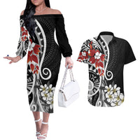 Bula Fiji Tagimaucia Mix Plumeria Masi Tapa Couples Matching Off The Shoulder Long Sleeve Dress and Hawaiian Shirt Black LT7 Black - Polynesian Pride