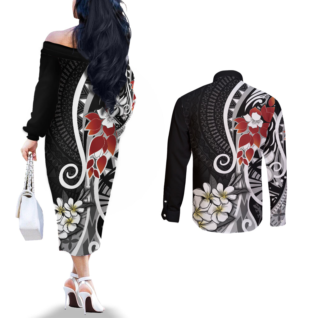 Bula Fiji Tagimaucia Mix Plumeria Masi Tapa Couples Matching Off The Shoulder Long Sleeve Dress and Long Sleeve Button Shirt Black LT7 - Polynesian Pride