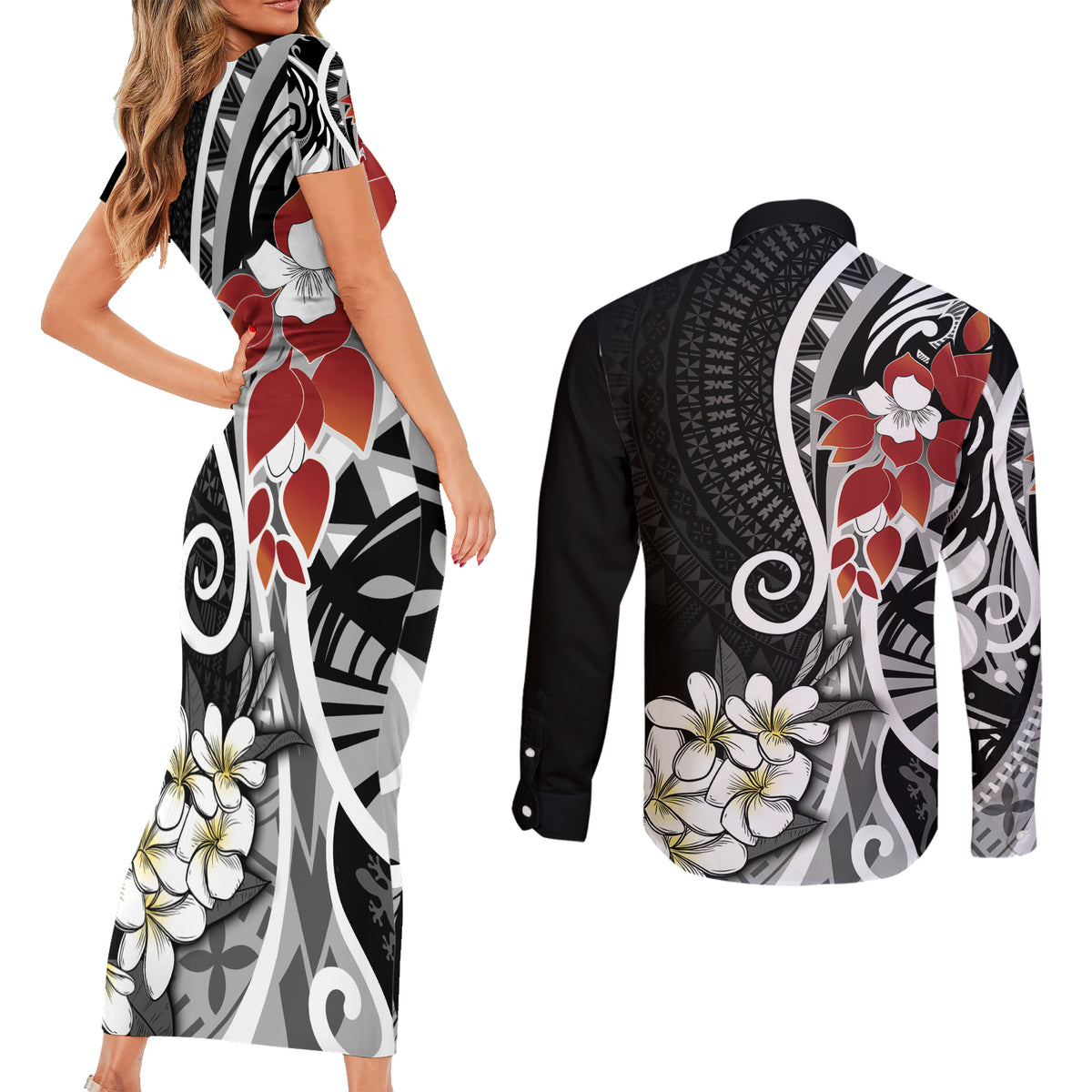 Bula Fiji Tagimaucia Mix Plumeria Masi Tapa Couples Matching Short Sleeve Bodycon Dress and Long Sleeve Button Shirt Black LT7 - Polynesian Pride
