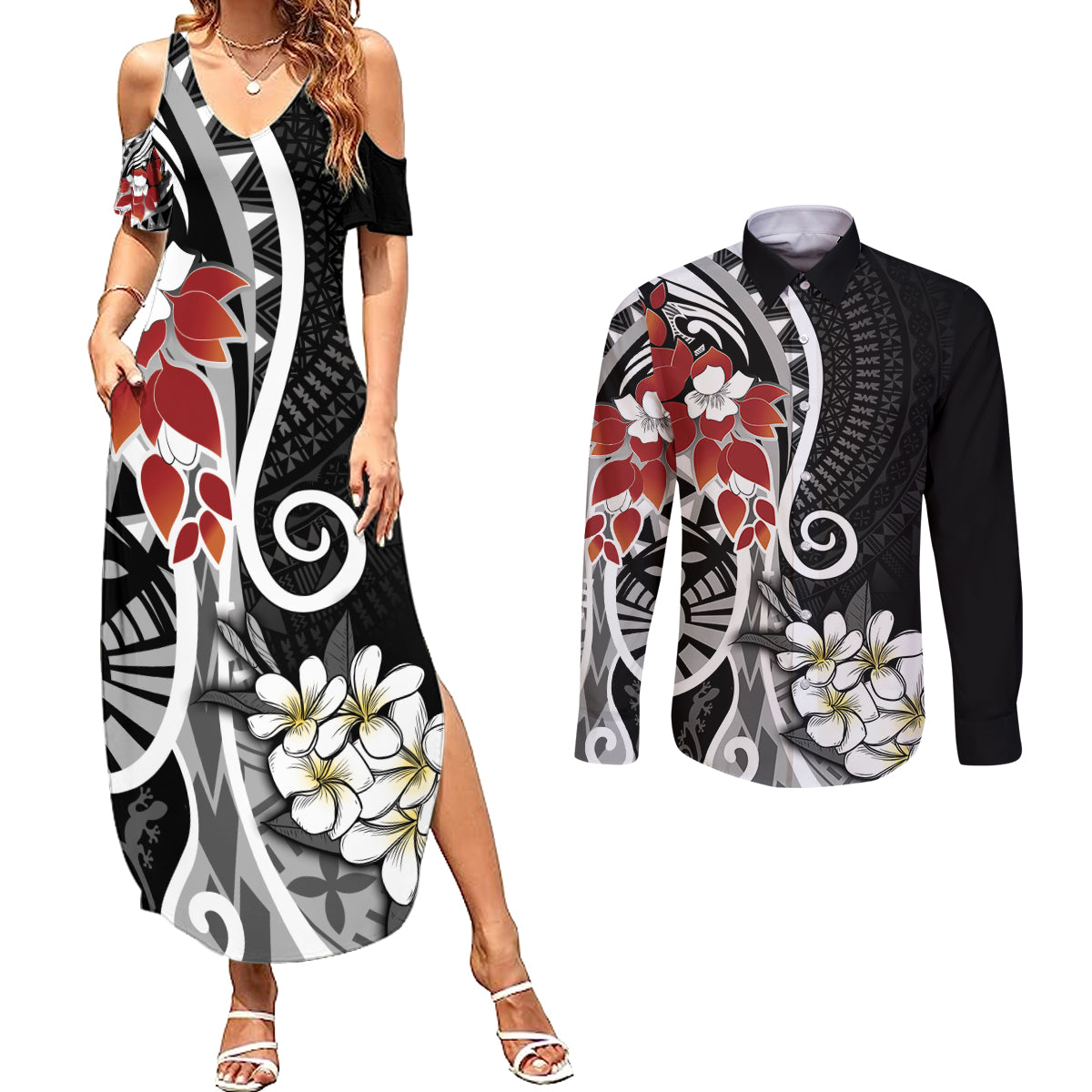 Bula Fiji Tagimaucia Mix Plumeria Masi Tapa Couples Matching Summer Maxi Dress and Long Sleeve Button Shirt Black LT7 Black - Polynesian Pride