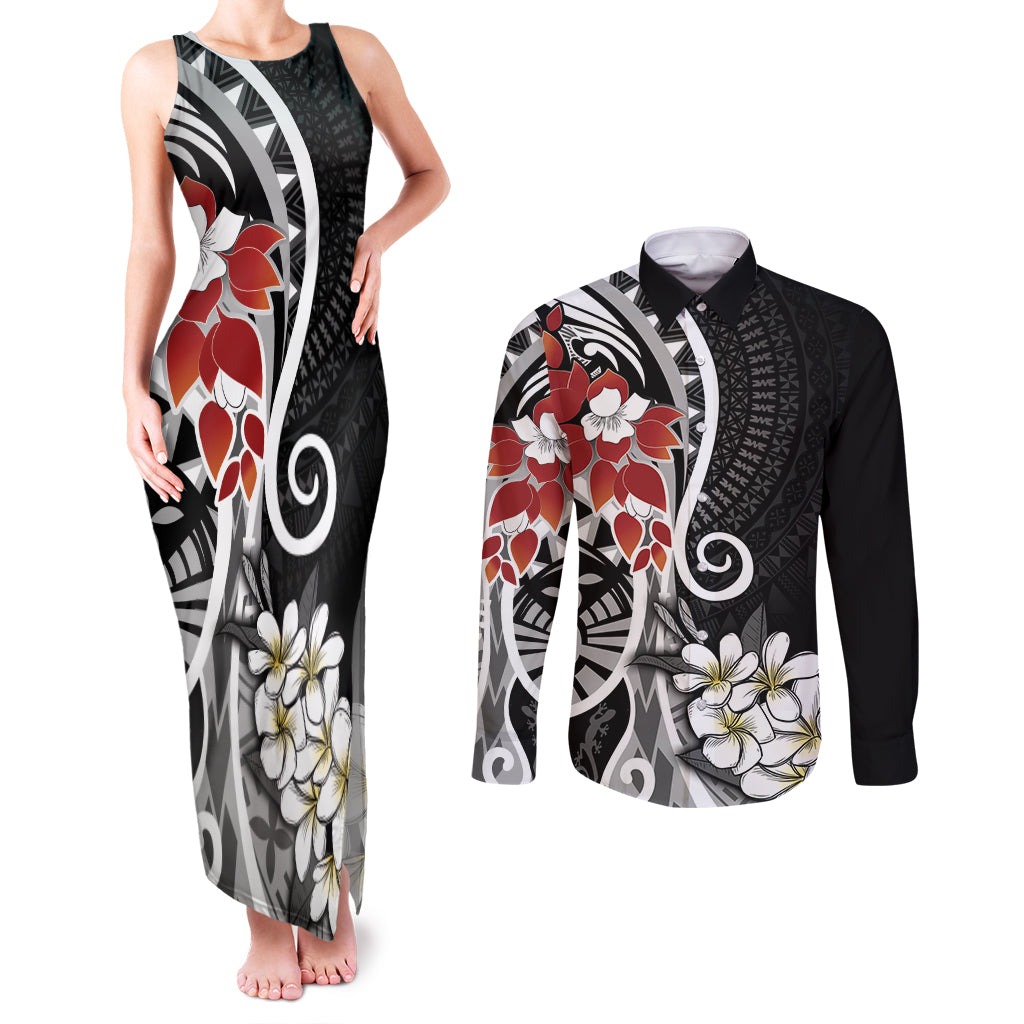 Bula Fiji Tagimaucia Mix Plumeria Masi Tapa Couples Matching Tank Maxi Dress and Long Sleeve Button Shirt Black LT7 Black - Polynesian Pride