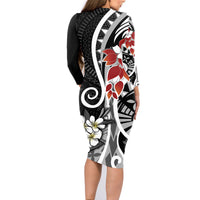 Bula Fiji Tagimaucia Mix Plumeria Masi Tapa Family Matching Long Sleeve Bodycon Dress and Hawaiian Shirt Black LT7 - Polynesian Pride