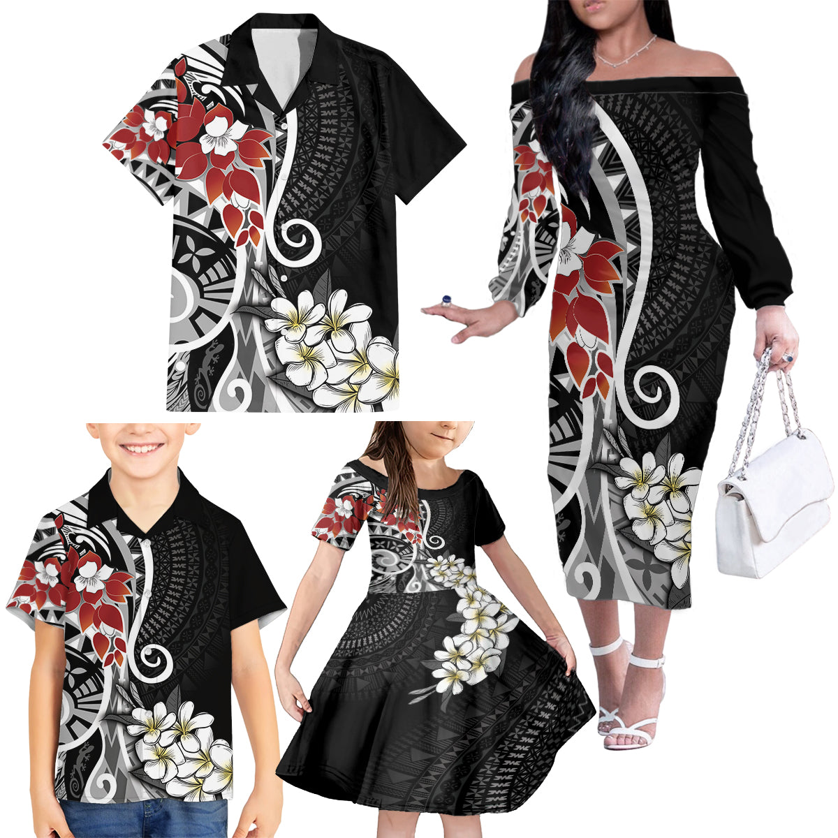 Bula Fiji Tagimaucia Mix Plumeria Masi Tapa Family Matching Off Shoulder Long Sleeve Dress and Hawaiian Shirt Black LT7 - Polynesian Pride