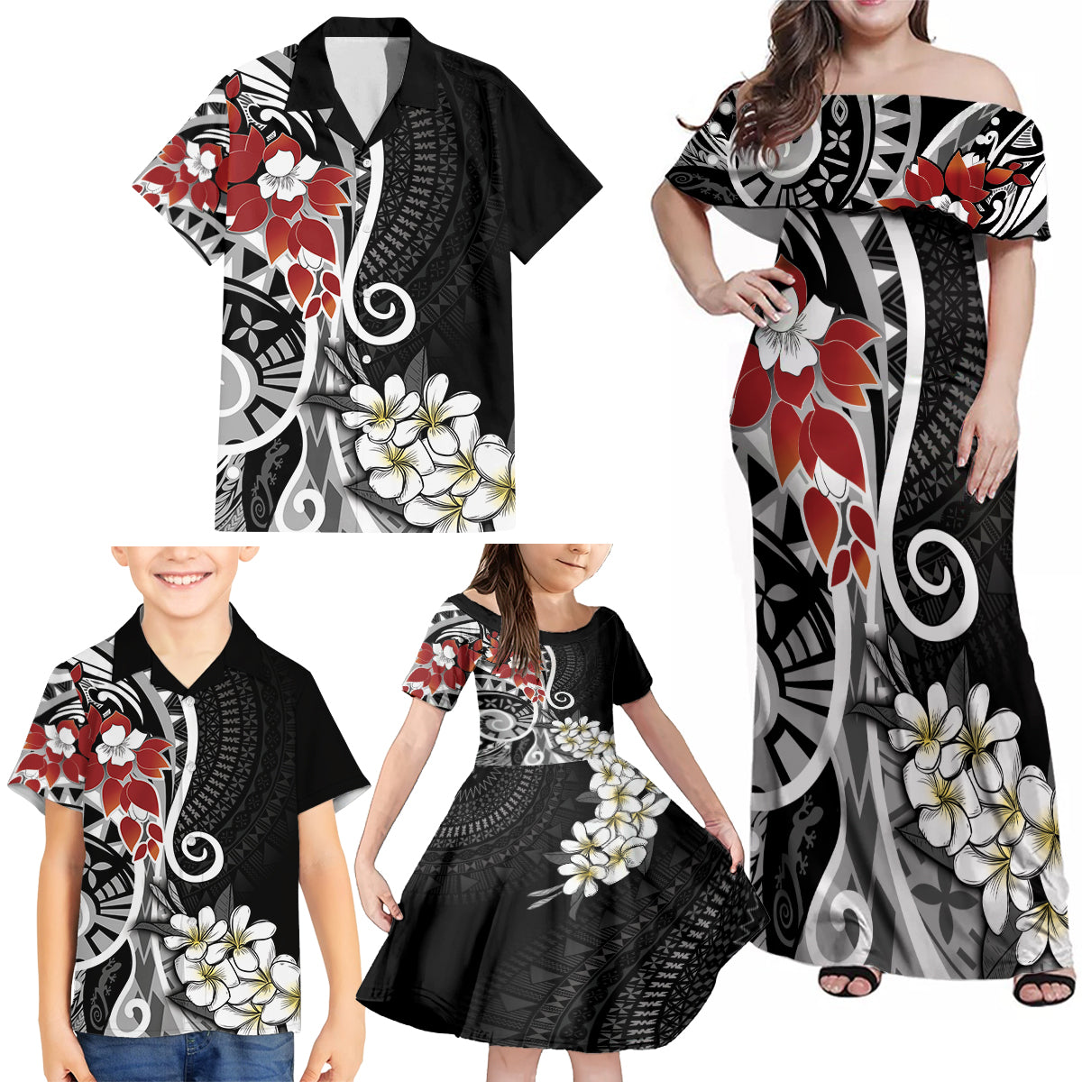 Bula Fiji Tagimaucia Mix Plumeria Masi Tapa Family Matching Off Shoulder Maxi Dress and Hawaiian Shirt Black LT7 - Polynesian Pride