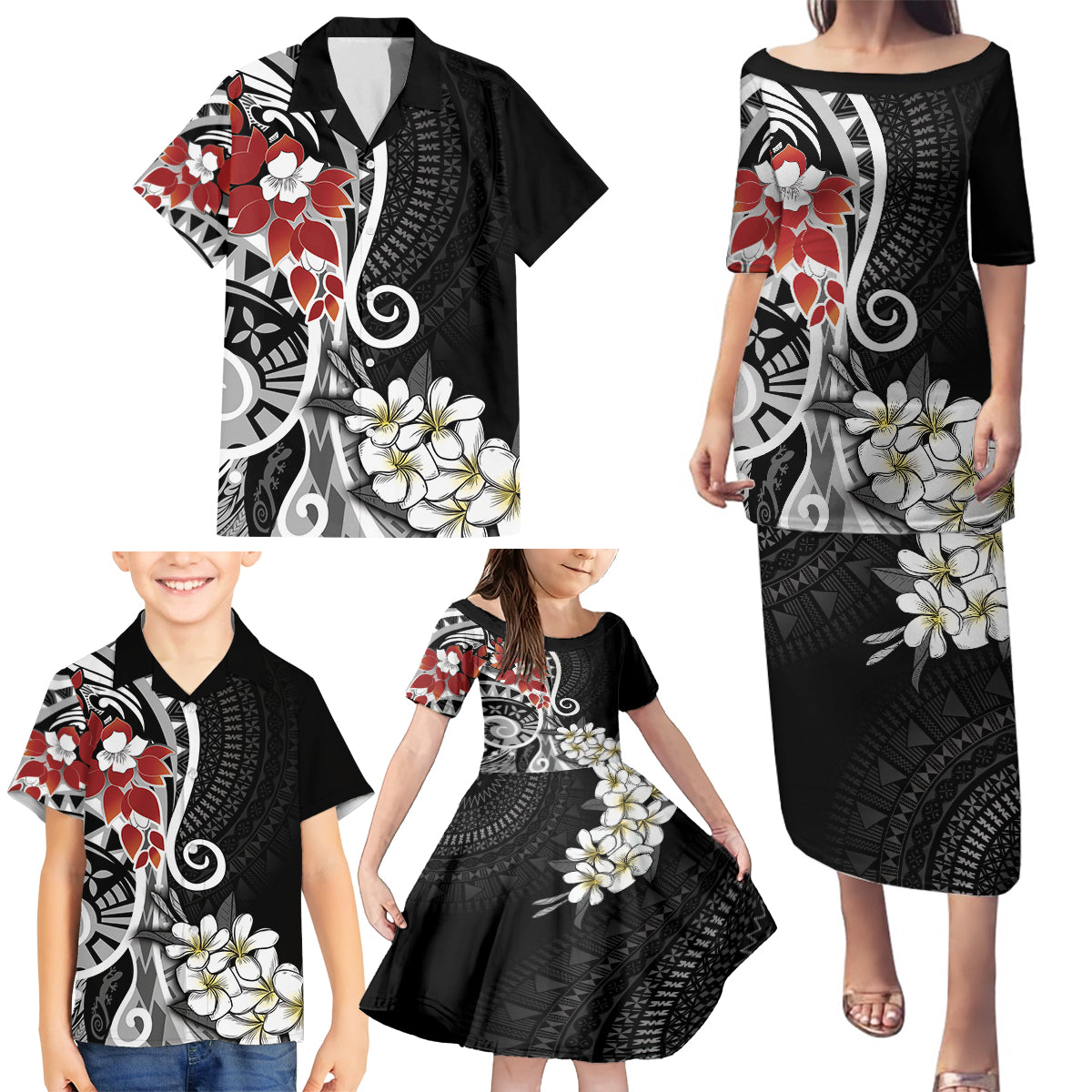 Bula Fiji Tagimaucia Mix Plumeria Masi Tapa Family Matching Puletasi and Hawaiian Shirt Black LT7 - Polynesian Pride