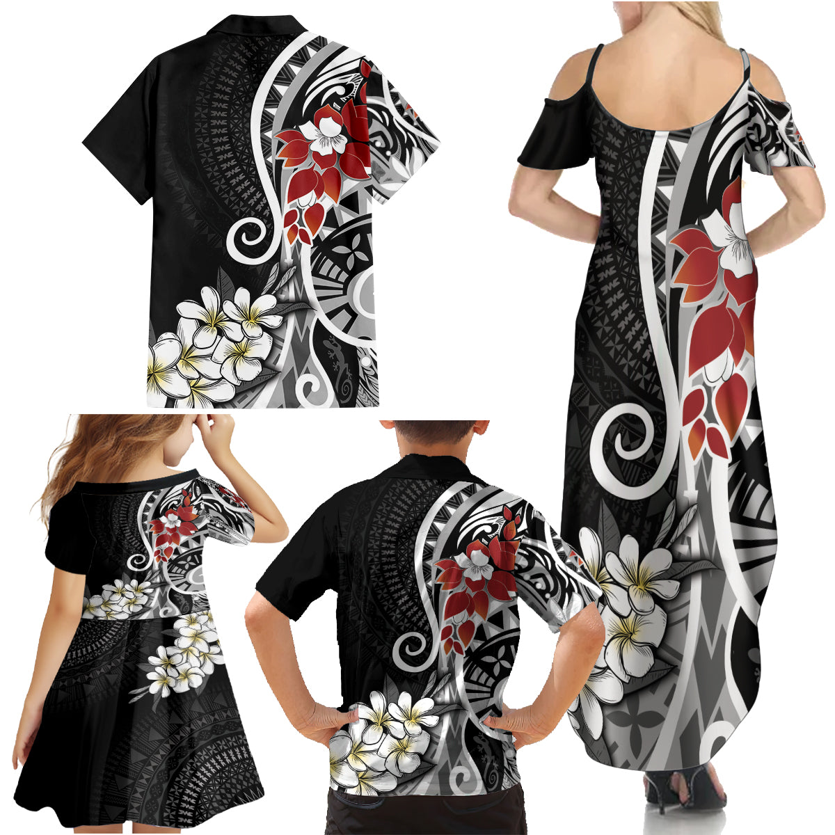Bula Fiji Tagimaucia Mix Plumeria Masi Tapa Family Matching Summer Maxi Dress and Hawaiian Shirt Black LT7 - Polynesian Pride
