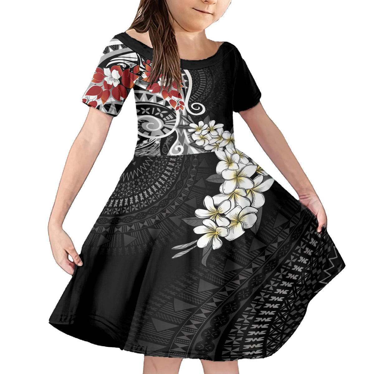 Bula Fiji Tagimaucia Mix Plumeria Masi Tapa Kid Short Sleeve Dress Black LT7 KID Black - Polynesian Pride
