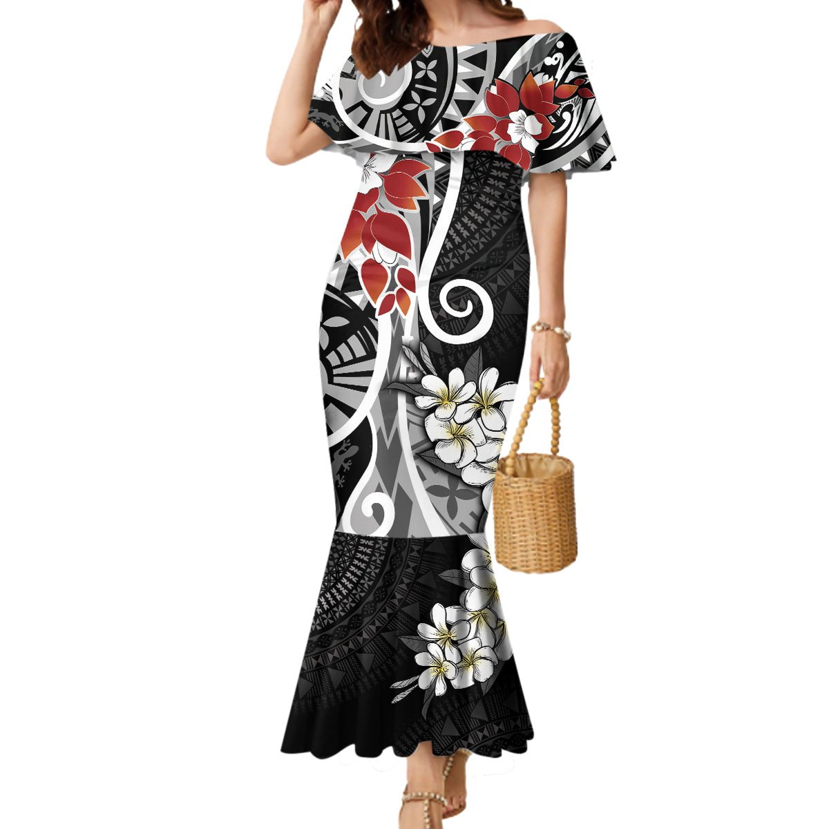 Bula Fiji Tagimaucia Mix Plumeria Masi Tapa Mermaid Dress Black LT7 Women Black - Polynesian Pride