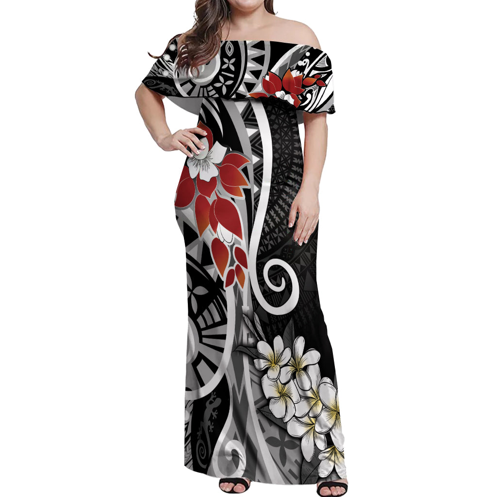 Bula Fiji Tagimaucia Mix Plumeria Masi Tapa Off Shoulder Maxi Dress Black LT7 Women Black - Polynesian Pride