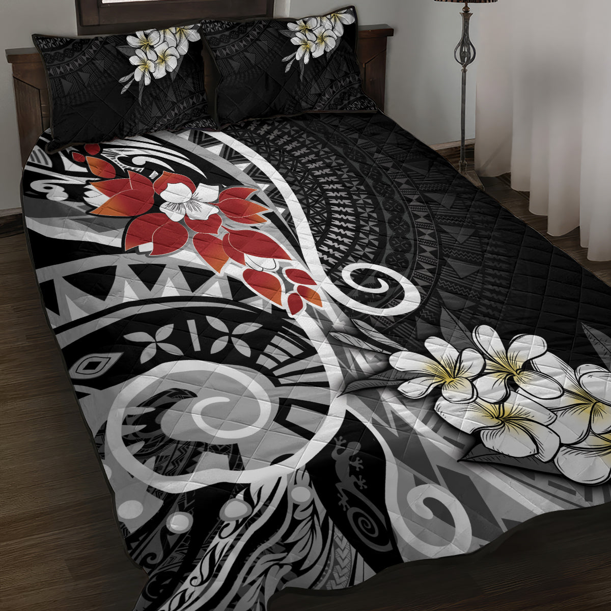 Bula Fiji Tagimaucia Mix Plumeria Masi Tapa Quilt Bed Set Black