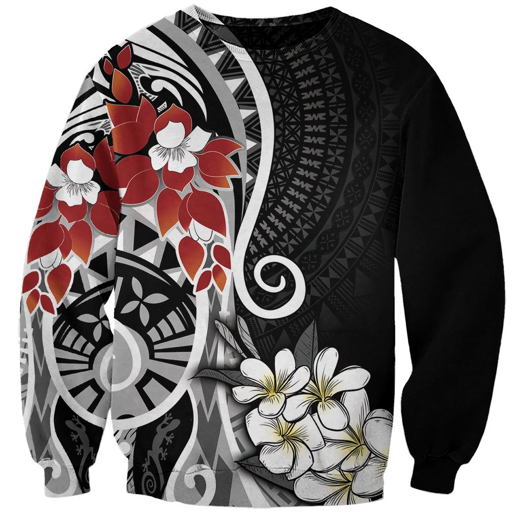Bula Fiji Tagimaucia Mix Plumeria Masi Tapa Sweatshirt Black LT7 Unisex Black - Polynesian Pride