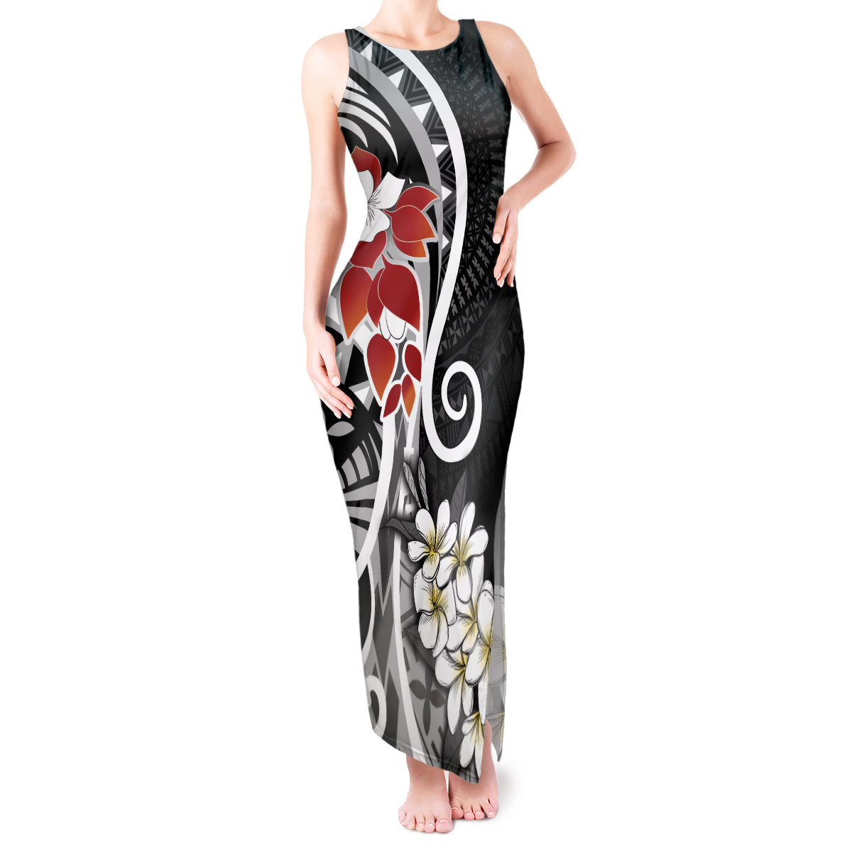 Bula Fiji Tagimaucia Mix Plumeria Masi Tapa Tank Maxi Dress Black LT7 Women Black - Polynesian Pride