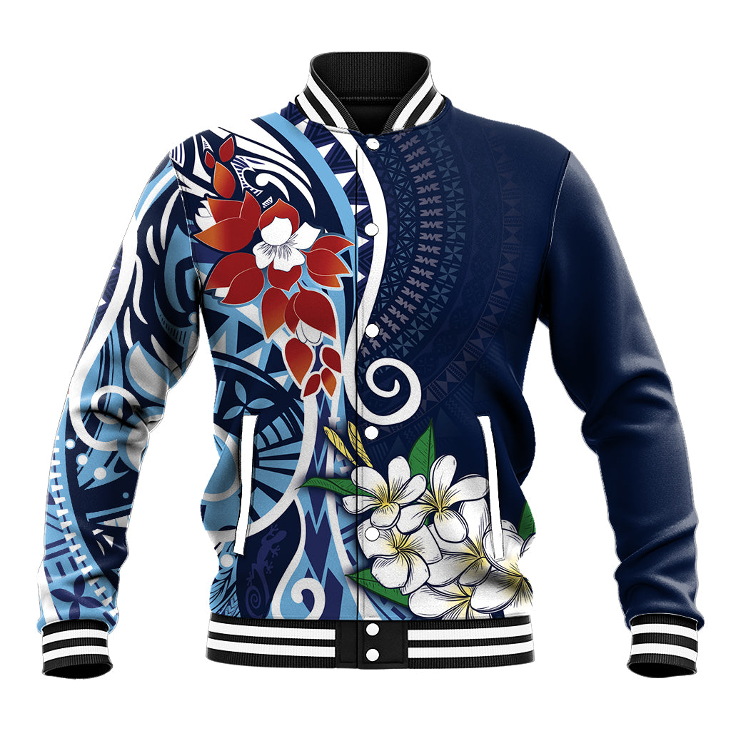 Bula Fiji Tagimaucia Mix Plumeria Masi Tapa Baseball Jacket Blue LT7 Unisex Blue - Polynesian Pride