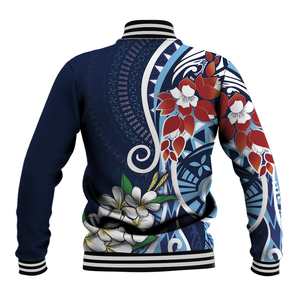 Bula Fiji Tagimaucia Mix Plumeria Masi Tapa Baseball Jacket Blue LT7 - Polynesian Pride
