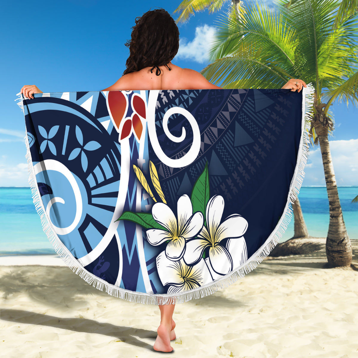 Bula Fiji Tagimaucia Mix Plumeria Masi Tapa Beach Blanket Blue