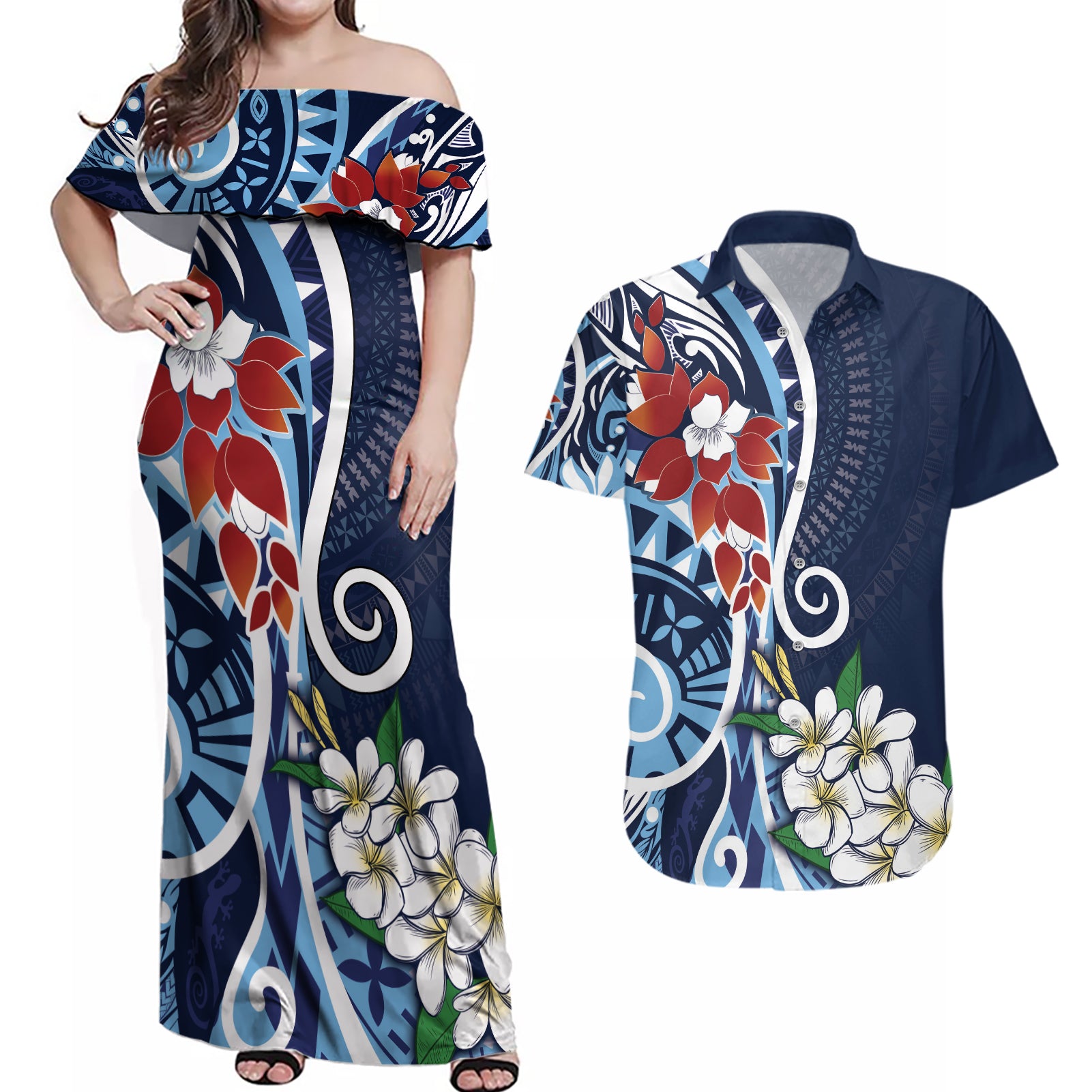 Bula Fiji Tagimaucia Mix Plumeria Masi Tapa Couples Matching Off Shoulder Maxi Dress and Hawaiian Shirt Blue LT7 Blue - Polynesian Pride