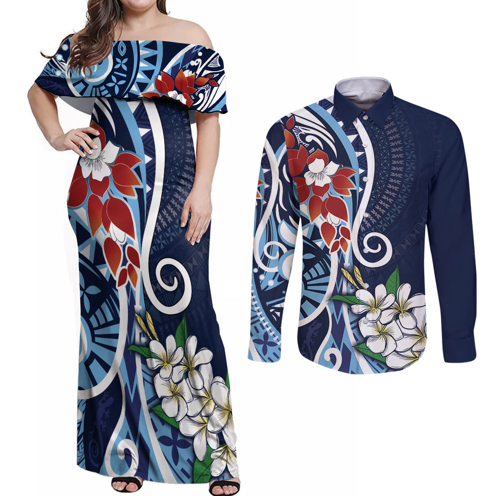 Bula Fiji Tagimaucia Mix Plumeria Masi Tapa Couples Matching Off Shoulder Maxi Dress and Long Sleeve Button Shirt Blue LT7 Blue - Polynesian Pride