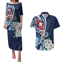 Bula Fiji Tagimaucia Mix Plumeria Masi Tapa Couples Matching Puletasi and Hawaiian Shirt Blue LT7 Blue - Polynesian Pride