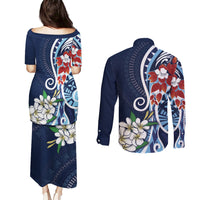 Bula Fiji Tagimaucia Mix Plumeria Masi Tapa Couples Matching Puletasi and Long Sleeve Button Shirt Blue LT7 - Polynesian Pride