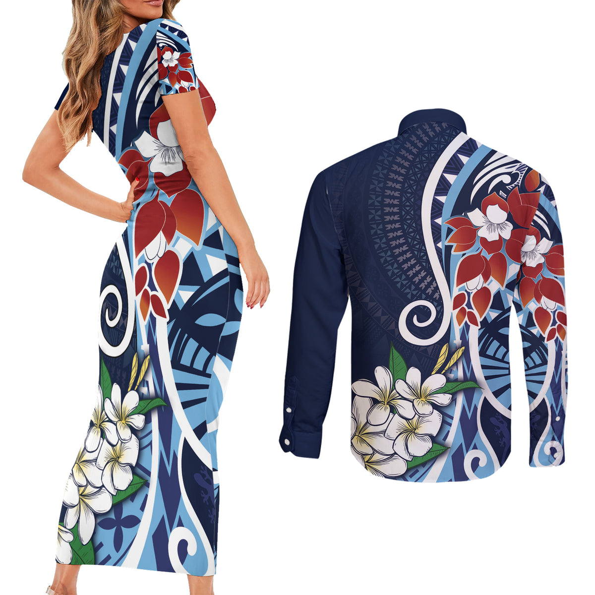 Bula Fiji Tagimaucia Mix Plumeria Masi Tapa Couples Matching Short Sleeve Bodycon Dress and Long Sleeve Button Shirt Blue LT7 - Polynesian Pride