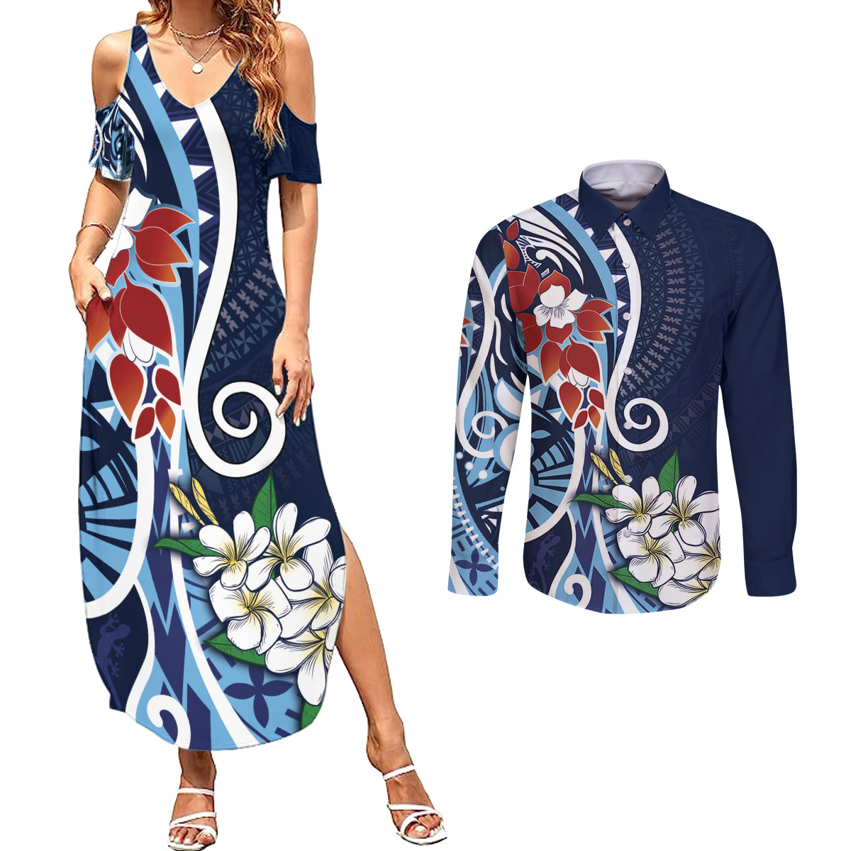 Bula Fiji Tagimaucia Mix Plumeria Masi Tapa Couples Matching Summer Maxi Dress and Long Sleeve Button Shirt Blue LT7 Blue - Polynesian Pride