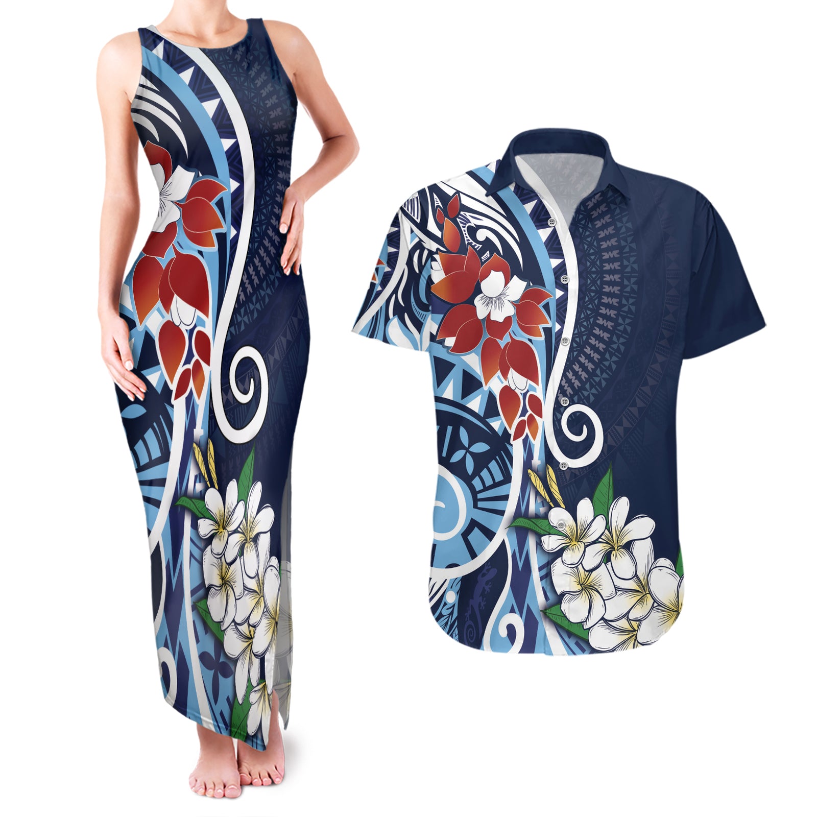 Bula Fiji Tagimaucia Mix Plumeria Masi Tapa Couples Matching Tank Maxi Dress and Hawaiian Shirt Blue LT7 Blue - Polynesian Pride