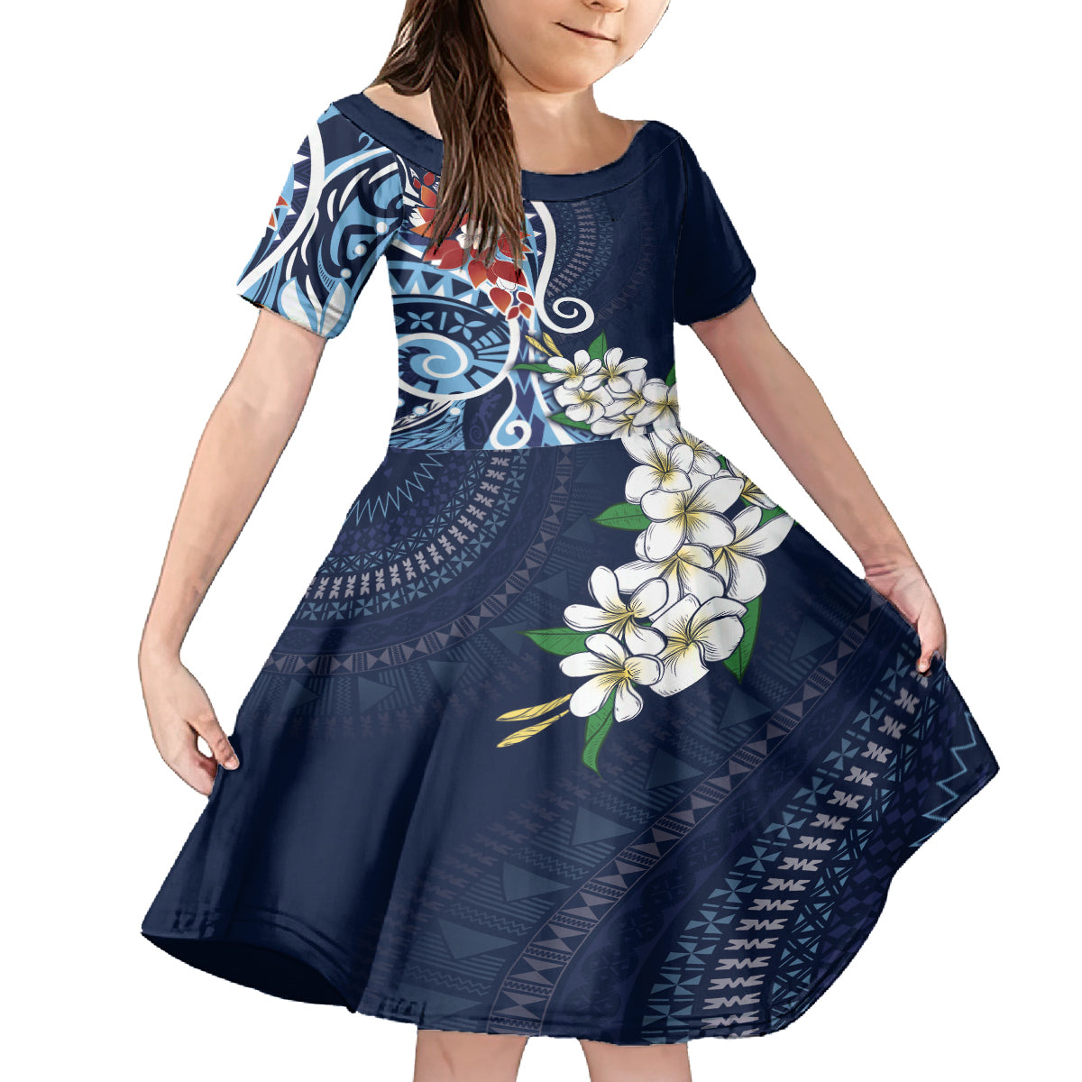 Bula Fiji Tagimaucia Mix Plumeria Masi Tapa Family Matching Long Sleeve Bodycon Dress and Hawaiian Shirt Blue LT7 Daughter's Dress Blue - Polynesian Pride