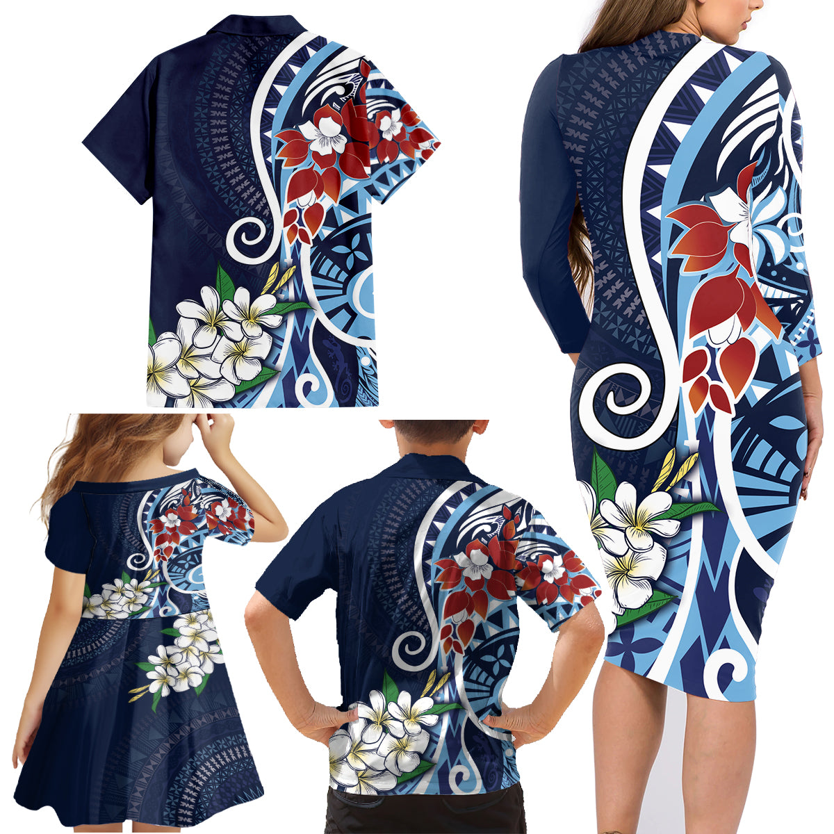 Bula Fiji Tagimaucia Mix Plumeria Masi Tapa Family Matching Long Sleeve Bodycon Dress and Hawaiian Shirt Blue LT7 - Polynesian Pride