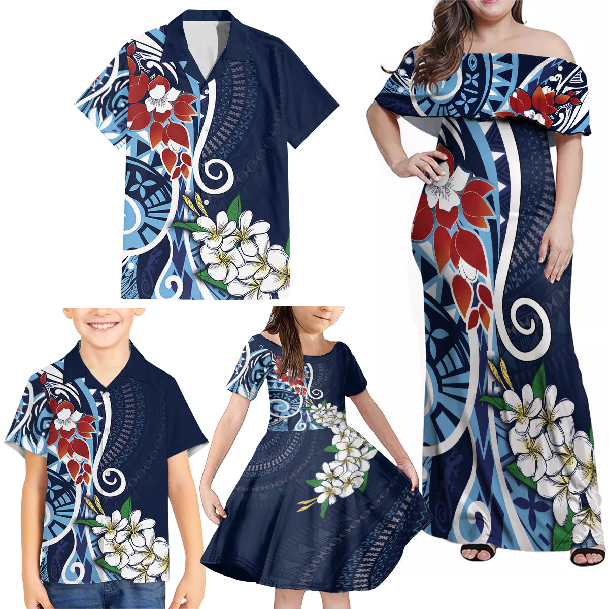 Bula Fiji Tagimaucia Mix Plumeria Masi Tapa Family Matching Off Shoulder Maxi Dress and Hawaiian Shirt Blue LT7 - Polynesian Pride