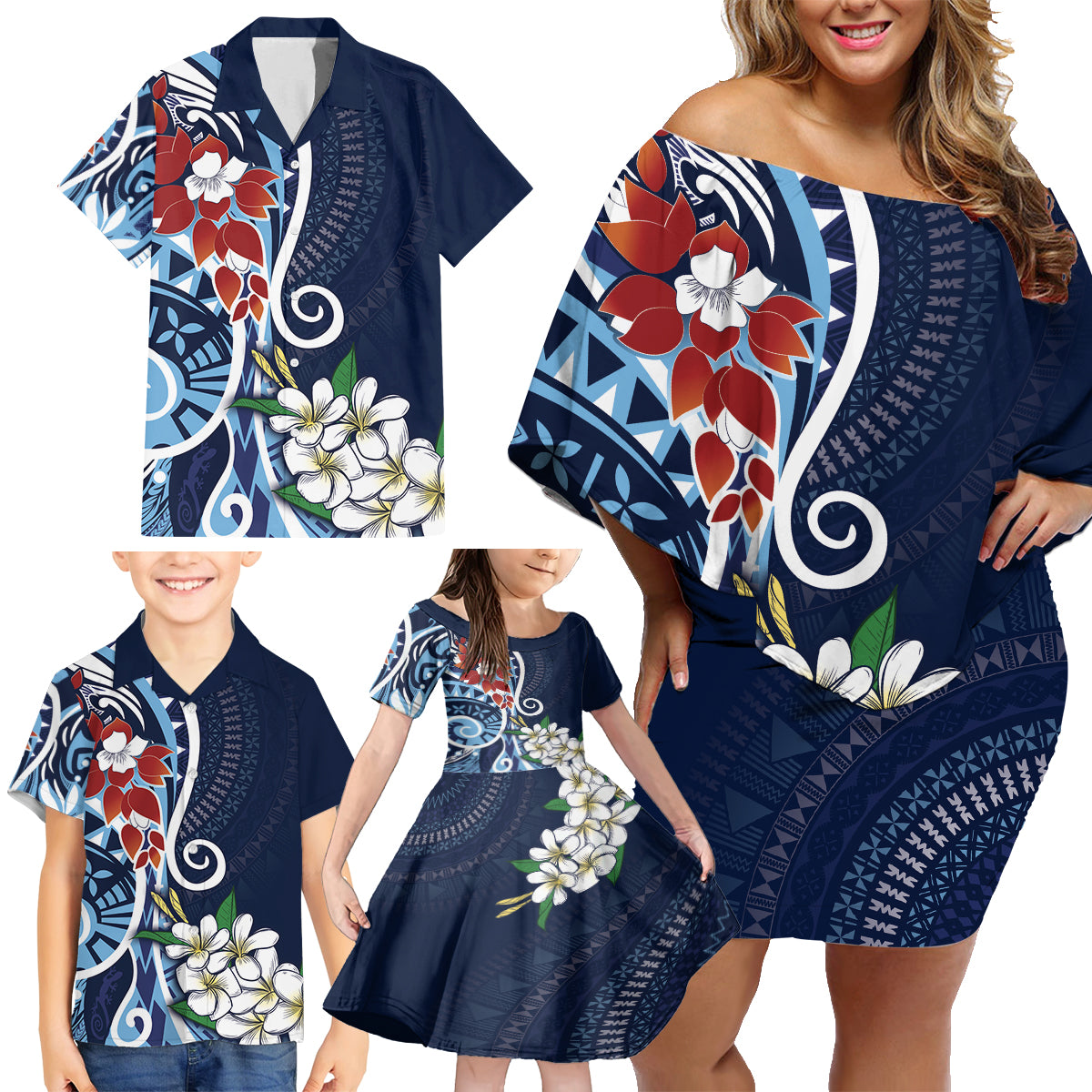 Bula Fiji Tagimaucia Mix Plumeria Masi Tapa Family Matching Off Shoulder Short Dress and Hawaiian Shirt Blue LT7 - Polynesian Pride