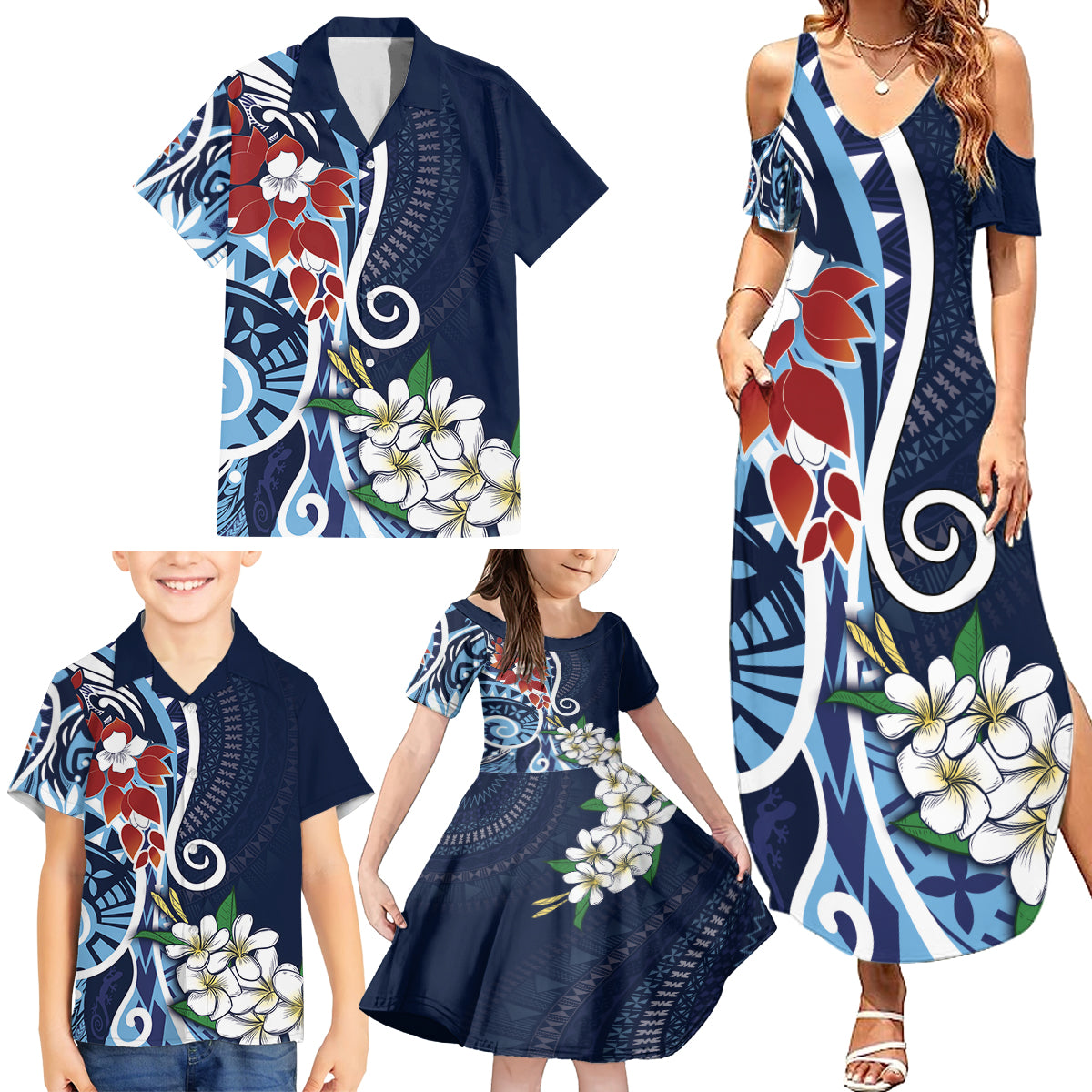 Bula Fiji Tagimaucia Mix Plumeria Masi Tapa Family Matching Summer Maxi Dress and Hawaiian Shirt Blue LT7 - Polynesian Pride