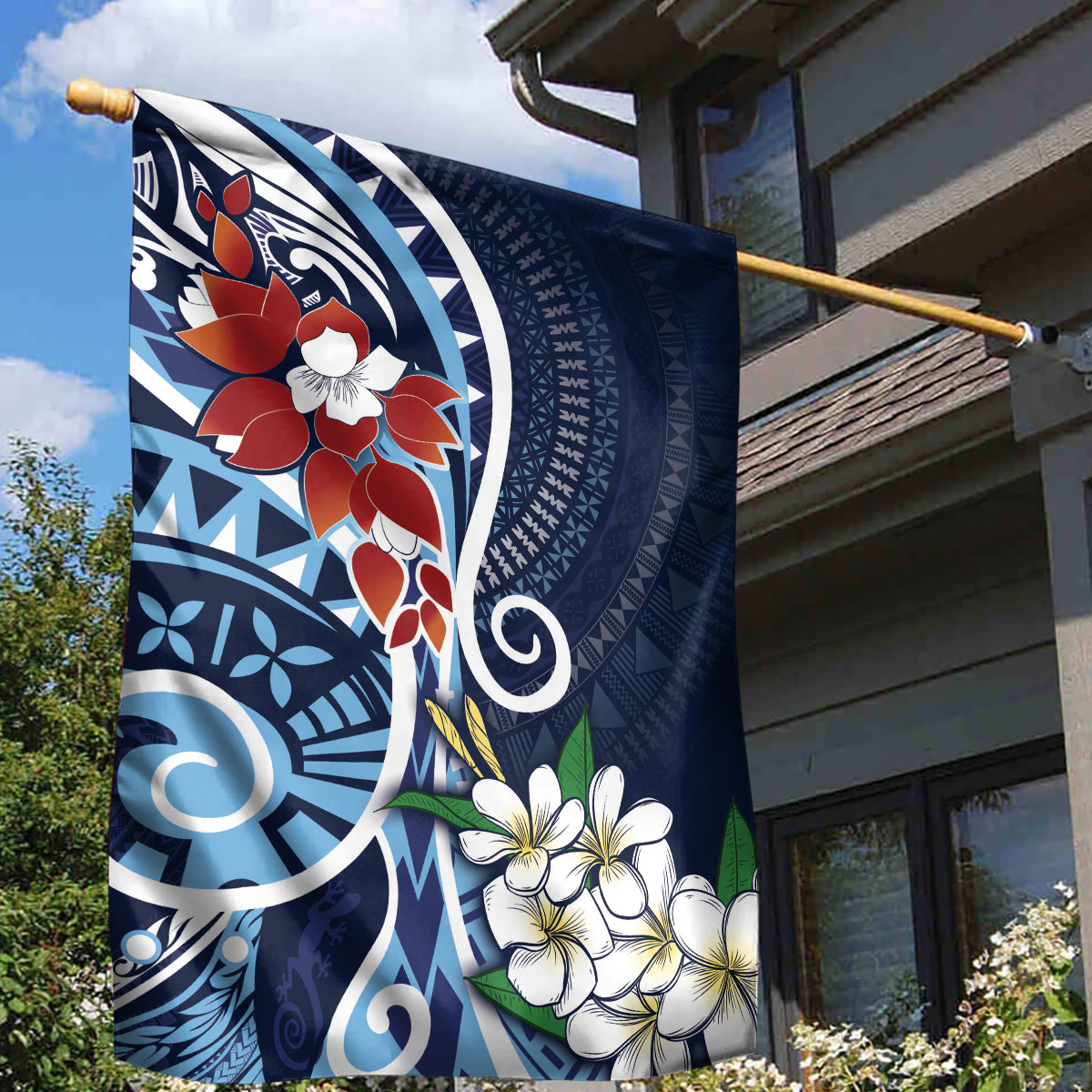 Bula Fiji Tagimaucia Mix Plumeria Masi Tapa Garden Flag Blue